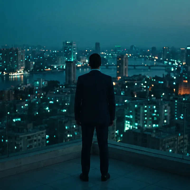Overlooking Cairo at night, Egypt A business leader on a rooftop looking out over the Cairo skyline and the Nile at night