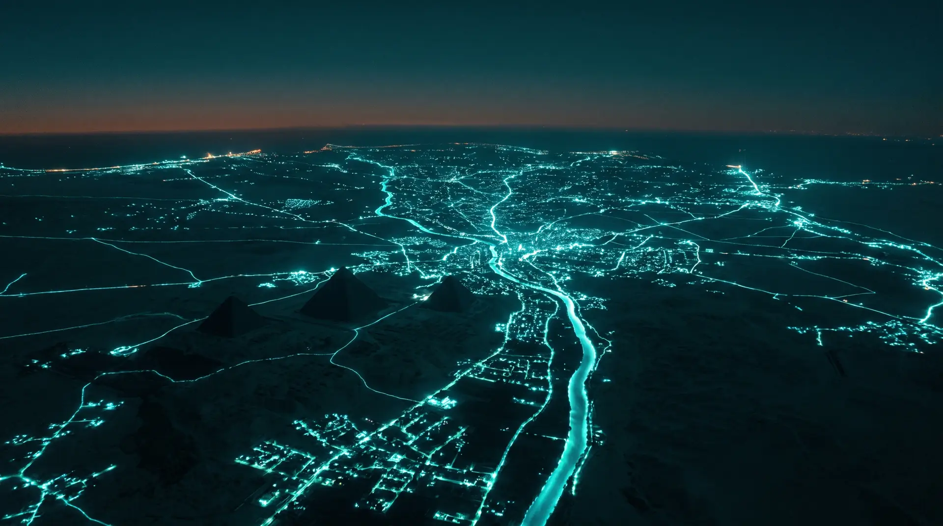 Marketing Agencies in Egypt: a connected market Aerial night view of Egypt with the Nile and the Giza pyramids traced in glowing teal light