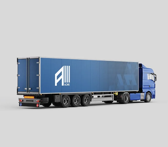 A truck pulling a trailer in ACME blue with the A mark