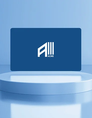 An ACME business card standing on a pale blue podium