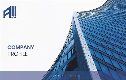 The ACME company profile cover: the mark beside a curved blue glass tower