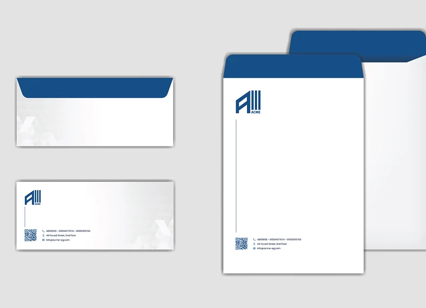 ACME envelopes and letterhead with blue flaps
