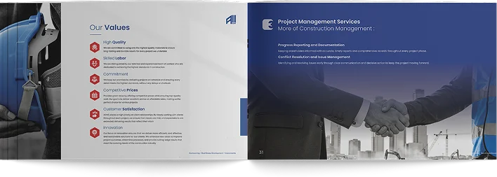 Profile spread: Our Values facing more of construction management