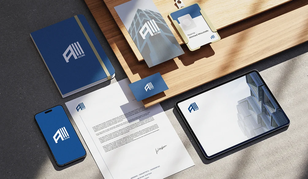 ACME stationery: notebook, letterhead, cards, phone and tablet on a wooden desk
