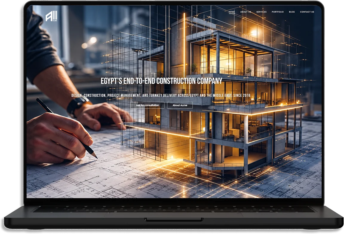 The ACME website on a laptop: Egypt's End-to-End Construction Company, over a building rising from its blueprints
