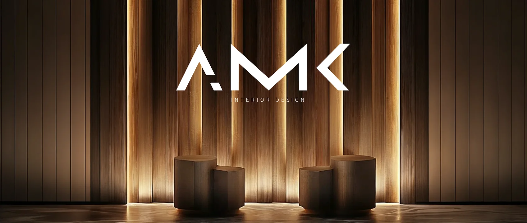 The AMK Interior Design mark over backlit timber slats with two wooden plinths
