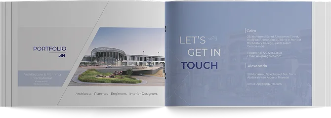 Portfolio spread: the back cover, facing Let's Get in Touch with the Cairo and Alexandria offices