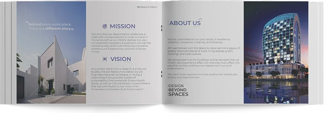Portfolio spread: Mission and Vision, facing About Us and Design Beyond Spaces