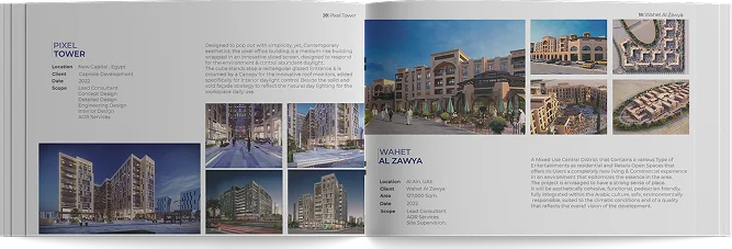 Portfolio spread: Pixel Tower in the New Administrative Capital, facing Wahet Al Zawya in Al Ain