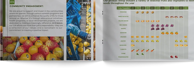Profile spread: Community Engagement facing the seasonal calendar of fruits and vegetables