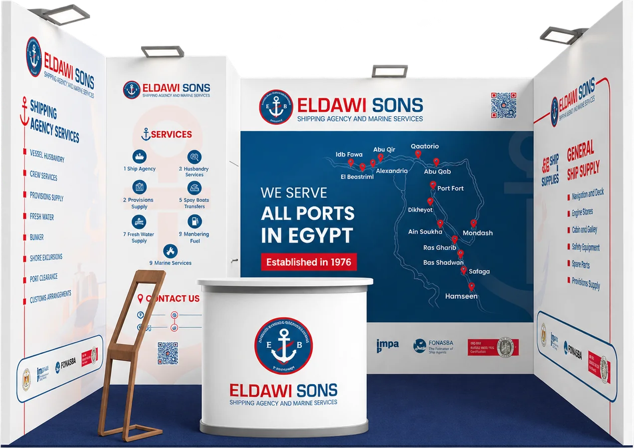 The Eldawi Sons exhibition booth: a map of the Egyptian ports it serves, the services panels and the anchor on the counter