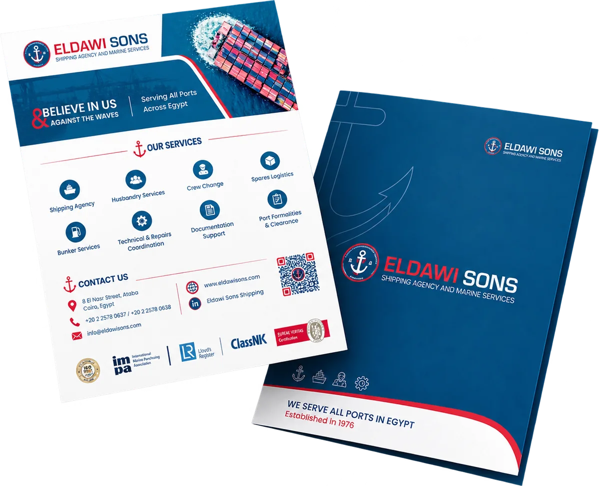The Eldawi Sons flyer listing its eight services beside the navy presentation folder: we serve all ports in Egypt