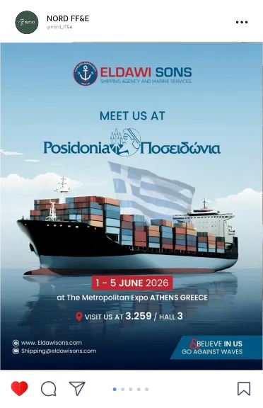 Eldawi Sons post: meet us at Posidonia 2026, 1 to 5 June in Athens, Hall 3, over a container ship