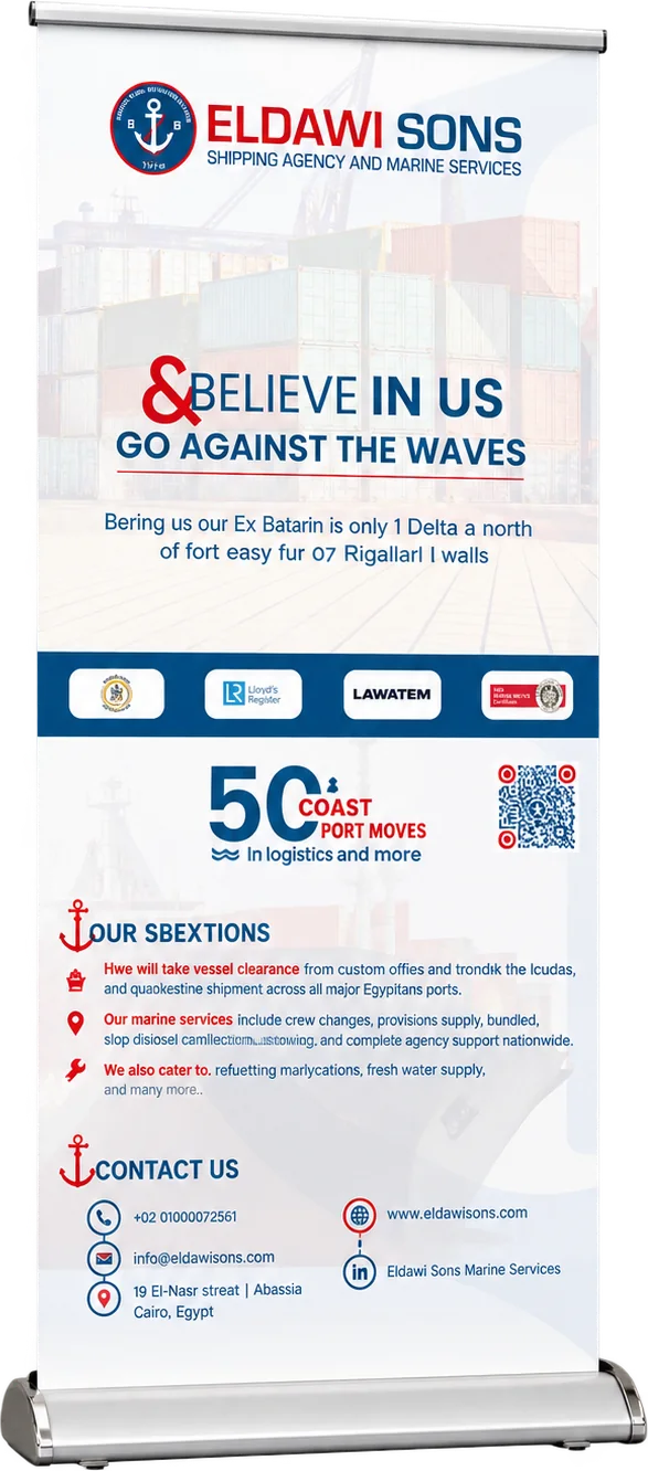 An Eldawi Sons roll-up banner: Believe in us, go against the waves, with its services and contacts
