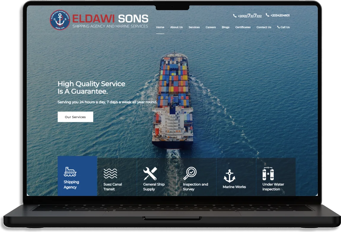 The Eldawi Sons website on a laptop: a container ship at sea under High Quality Service Is A Guarantee, with the service tiles below