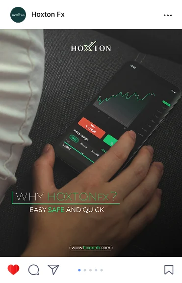 Hoxton FX post: Why HoxtonFX? Easy, safe and quick, a hand holding a phone with a trading app