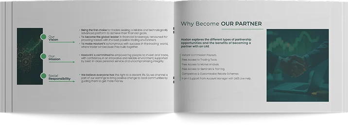 Profile spread: Our Vision, Mission and Social Responsibility facing Why Become Our Partner
