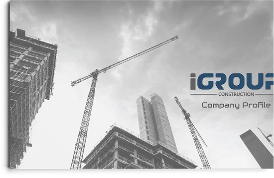 The iGroup Construction company profile cover: the wordmark over black-and-white cranes and towers