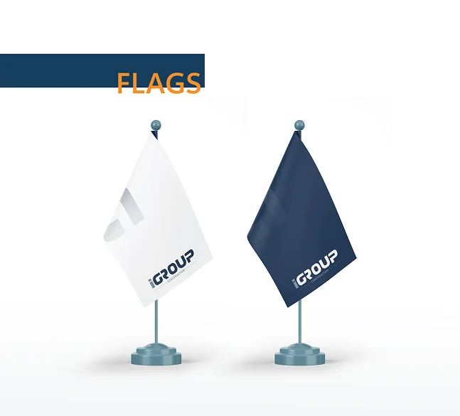Two iGroup Construction desk flags, white and navy