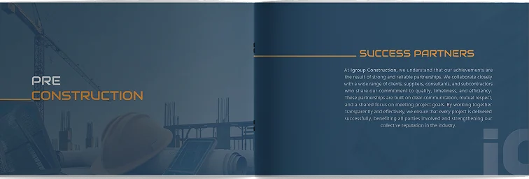 Profile spread: Pre-Construction facing Success Partners, in navy with orange headings