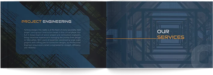 Profile spread: Project Engineering facing Our Services, over a steel structure in navy