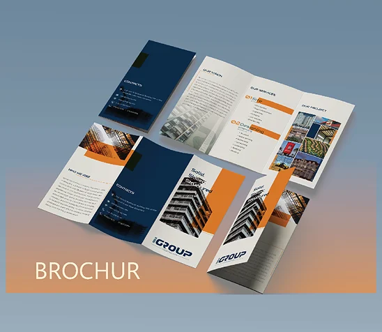 An iGroup Construction tri-fold brochure in navy and orange