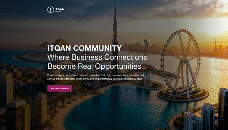 Itqan Community home page: Where Business Connections Become Real Opportunities, over a Dubai skyline with Ain Dubai at sunset