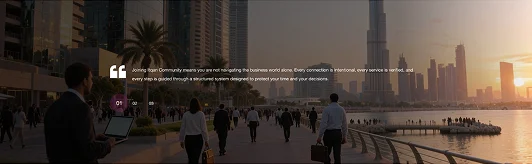 Itqan Community page: a member testimonial over a Dubai waterfront promenade