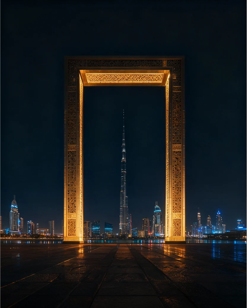 The Dubai Frame lit gold at night with the Burj Khalifa standing inside it