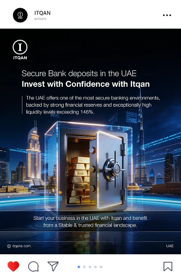 Itqan social post: Secure bank deposits in the UAE, a gold vault in a glass cube over Dubai