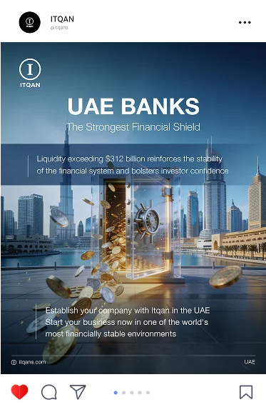 Itqan social post: UAE Banks, the strongest financial shield, coins and a vault over the Dubai skyline