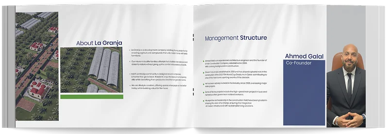 Profile spread: About La Granja facing the management structure