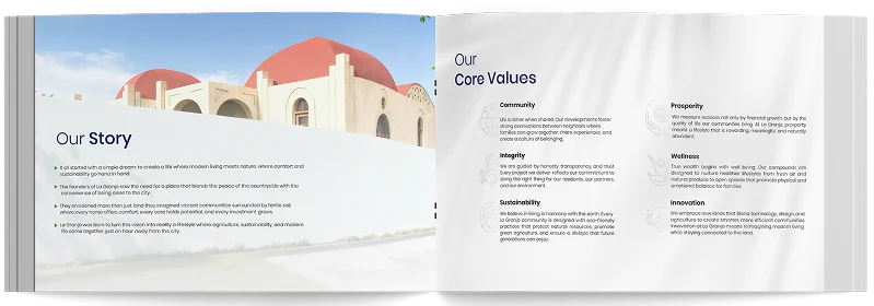 Profile spread: Our Story facing the core values