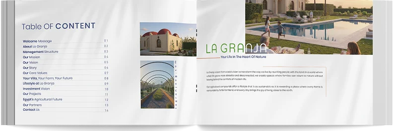 Profile spread: the table of contents facing the La Granja wordmark over the villas