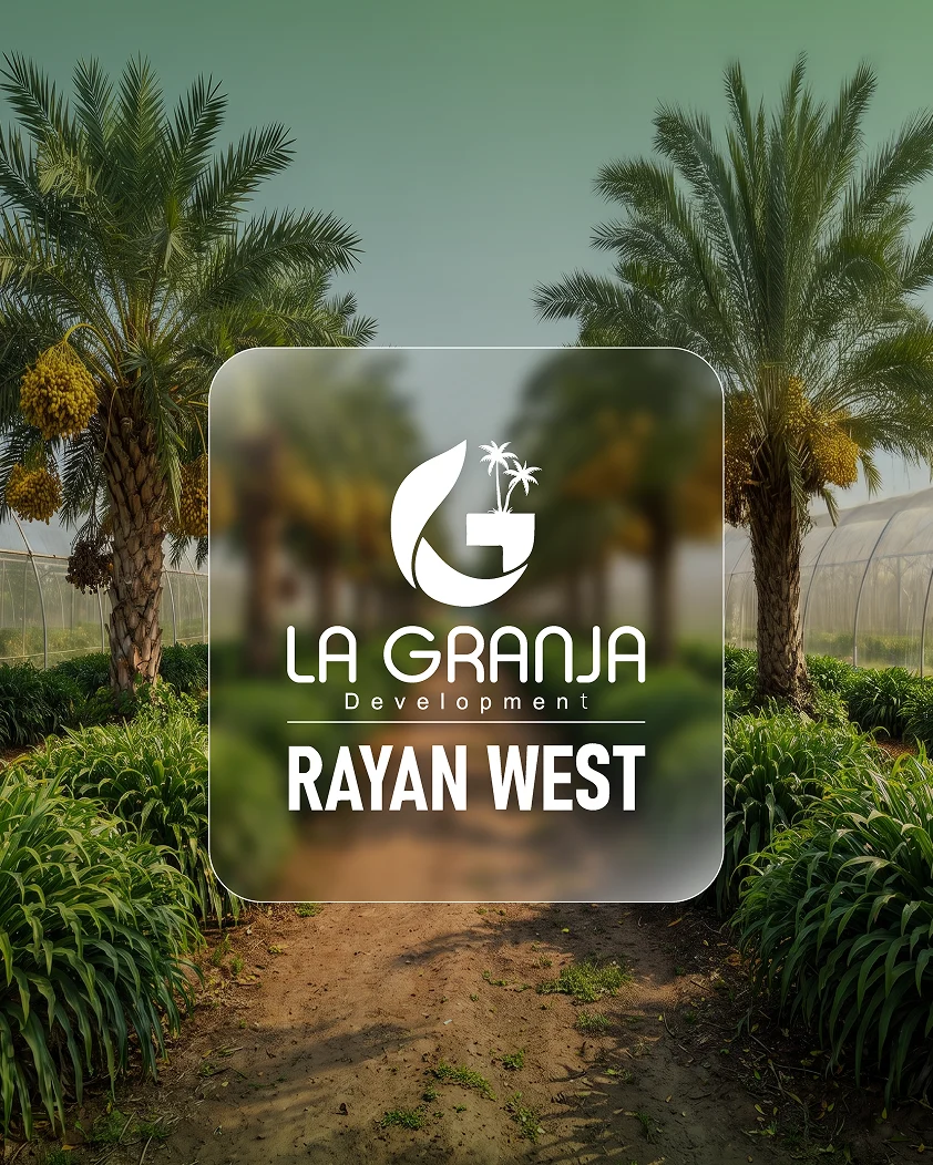 The La Granja Development and Rayan West logo on frosted glass between date palms on a plantation path