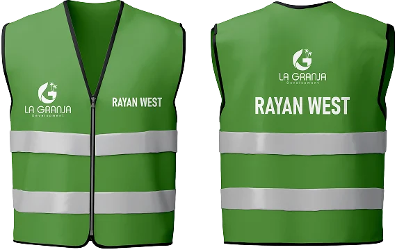 Two green Rayan West site vests with reflective bands, front and back