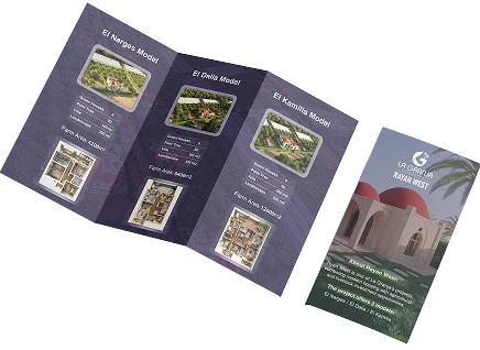 A Rayan West tri-fold brochure open on the villa models