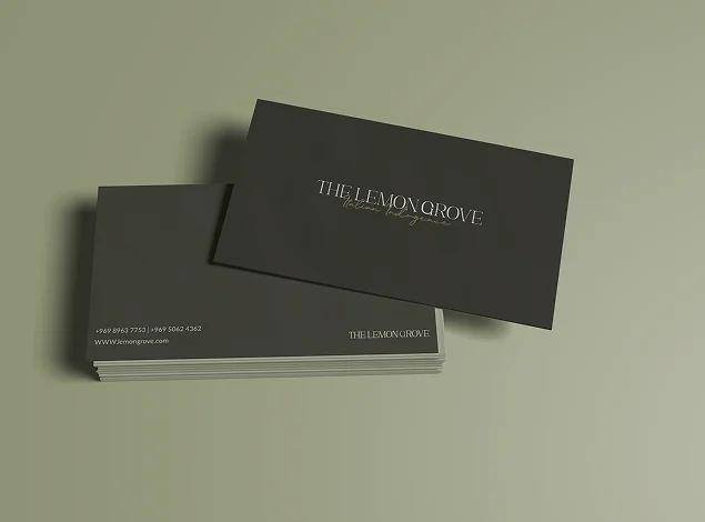Dark green Lemon Grove business cards, front and back
