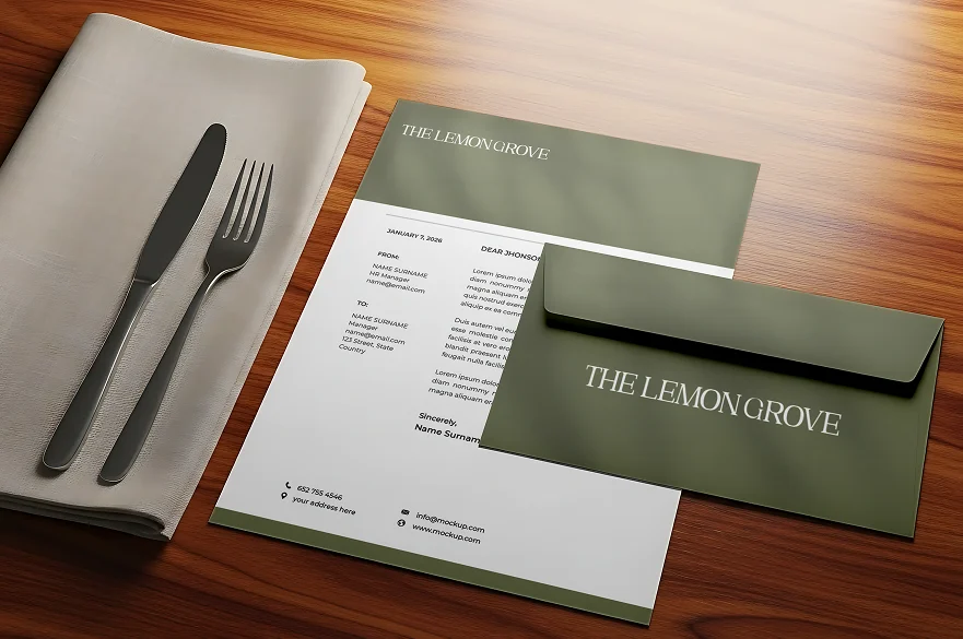 The Lemon Grove letterhead and a sage green envelope beside cutlery on a linen napkin