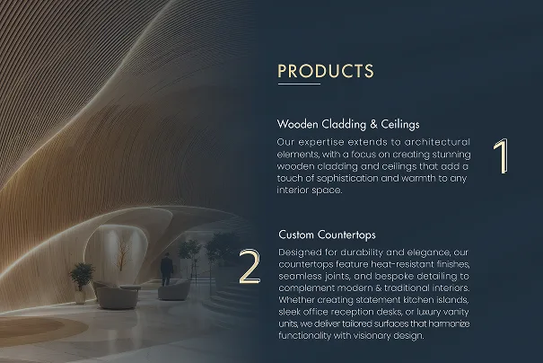 Profile spread: Products, wooden cladding and ceilings, and custom countertops