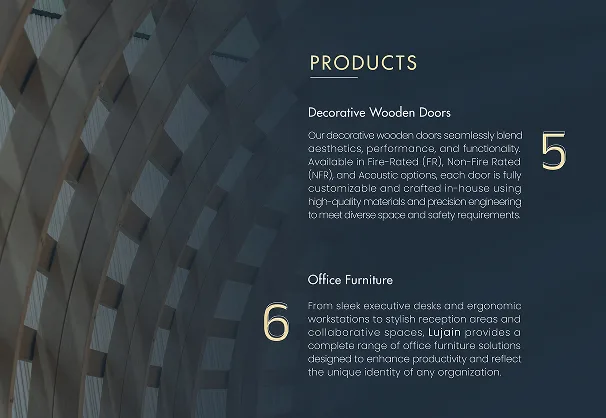 Profile spread: Products, decorative wooden doors and office furniture
