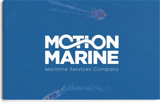 The Motion Marine company profile cover: the wordmark over ships seen from above on deep blue water