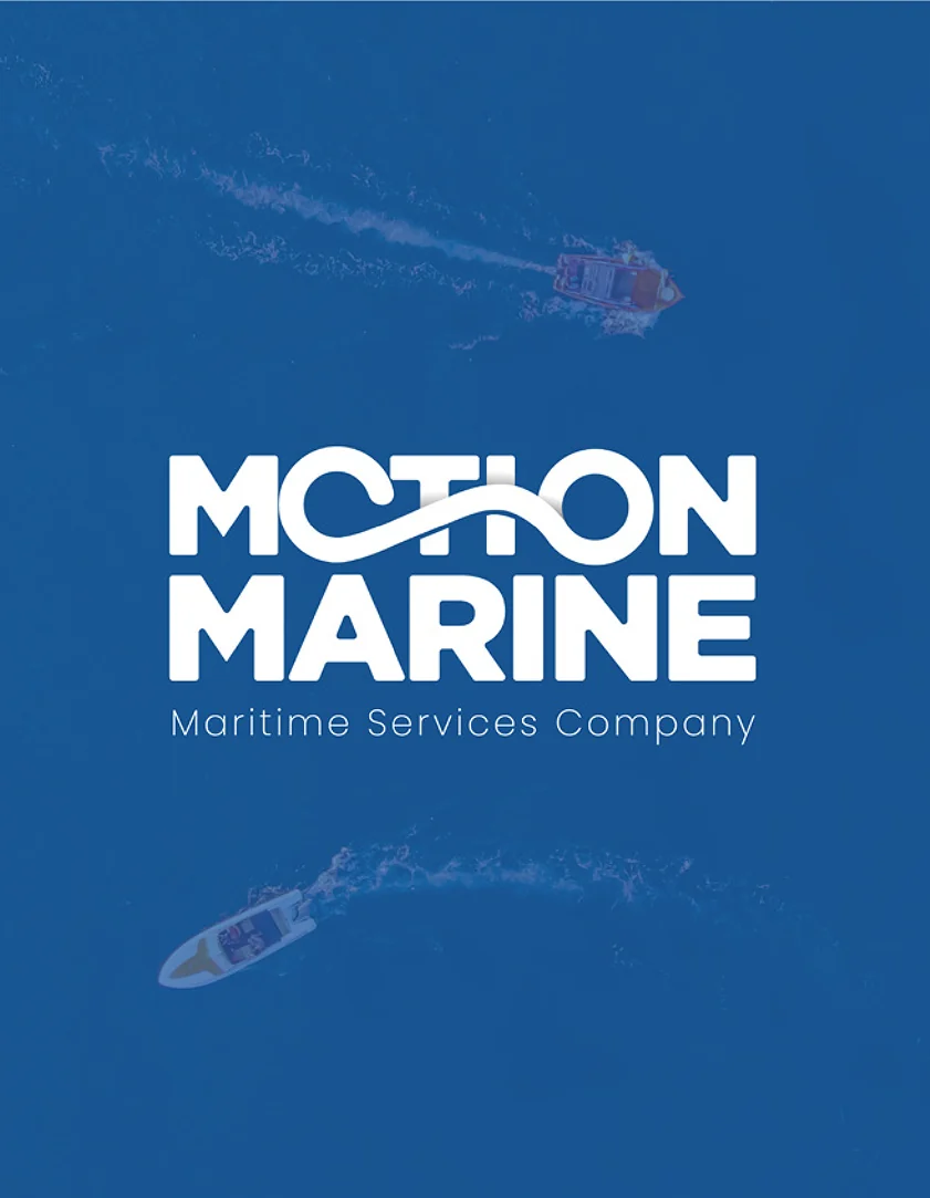 The Motion Marine wordmark over ships seen from above on deep blue water
