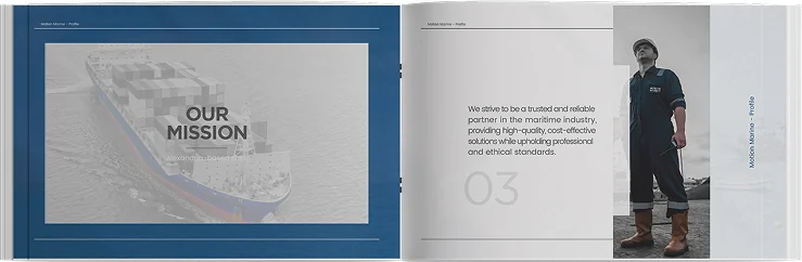 Profile spread: Our Mission, beside a marine engineer on the quay