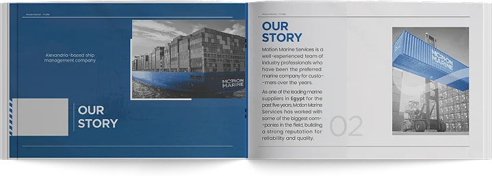 Profile spread: Our Story, beside a container in Motion Marine blue