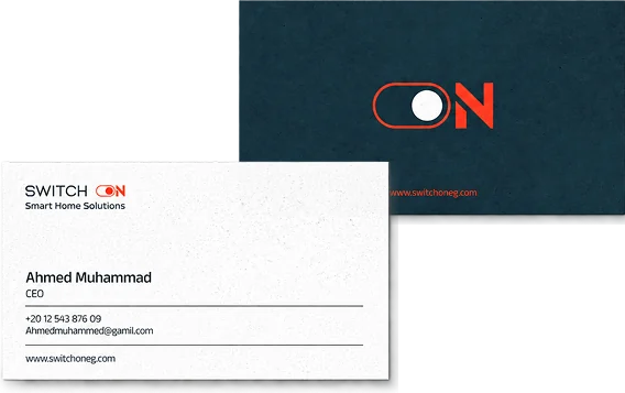 Switch On business cards in navy and white