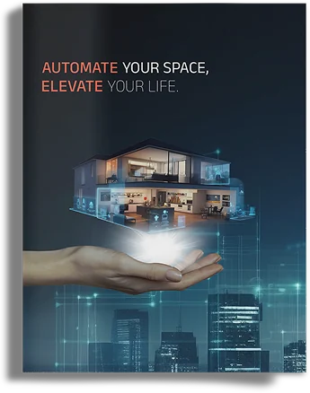 The Switch On company profile cover: Automate your space, elevate your life, over a smart home held in an open hand