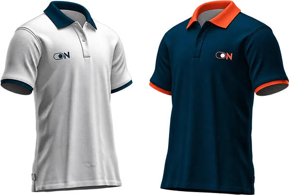 Switch On polo shirts in white and navy with orange collars