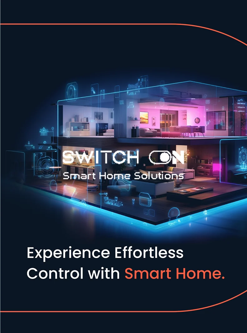 Switch On poster: a lit smart home under the wordmark, Experience Effortless Control with Smart Home