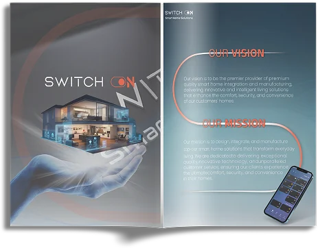 Profile spread: a smart home held in a hand facing Our Vision and Our Mission